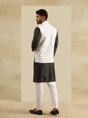 Men's Silk Blend Black Kurta & White Pyjama With Daman Embroidered Cream Nehru Jacket