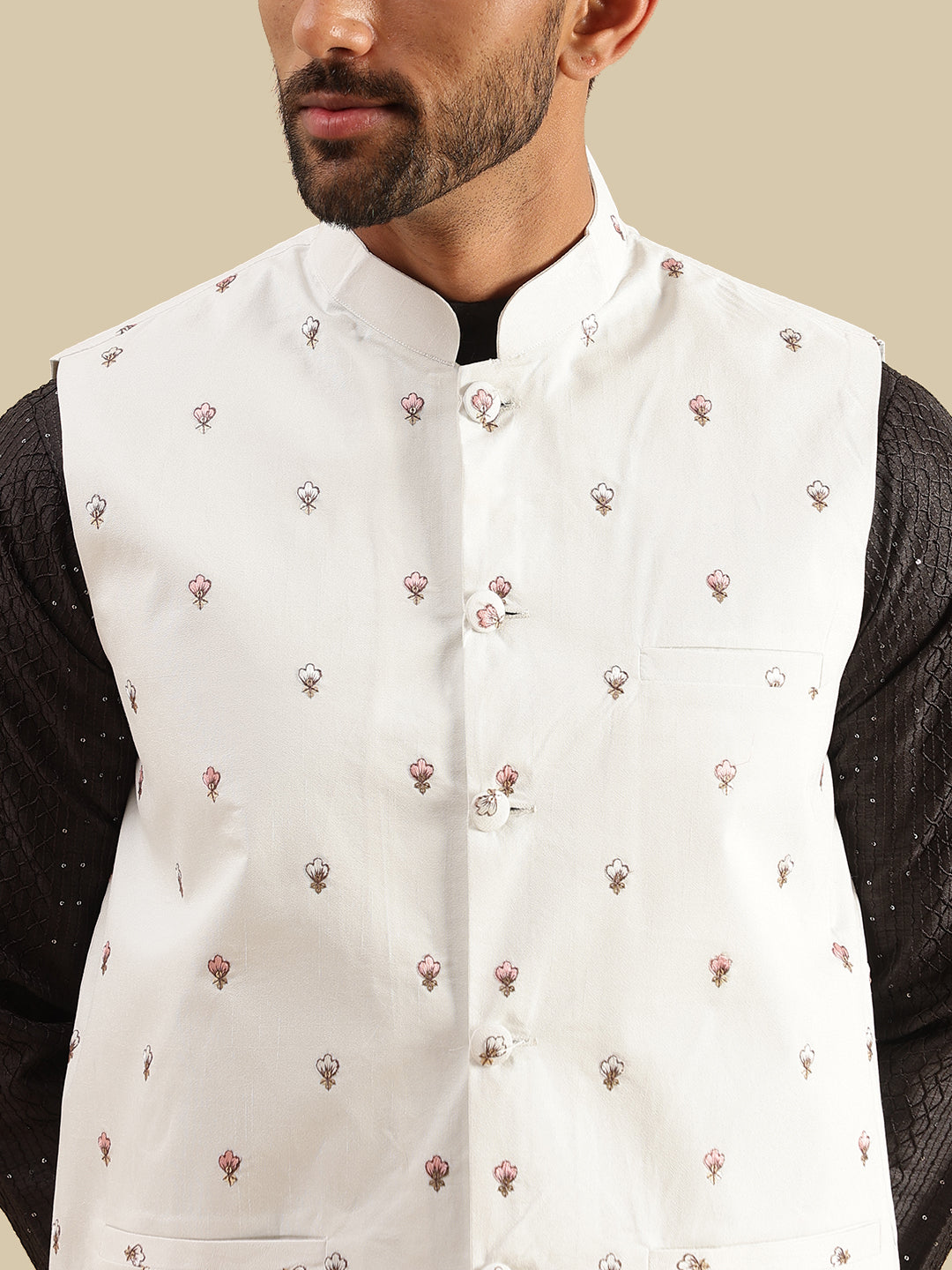 Men's Silk Blend Black Kurta & White Pyjama With Daman Embroidered Cream Nehru Jacket