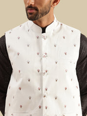 Men's Silk Blend Black Kurta & White Pyjama With Daman Embroidered Cream Nehru Jacket