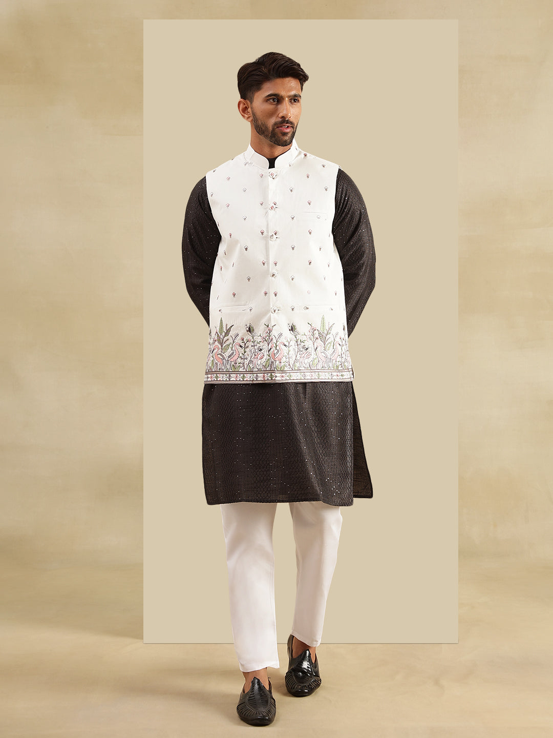 Men's Silk Blend Black Kurta & White Pyjama With Daman Embroidered Cream Nehru Jacket
