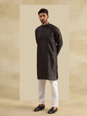 Men's Silk Blend Black Kurta & White Pyjama With Daman Embroidered Cream Nehru Jacket