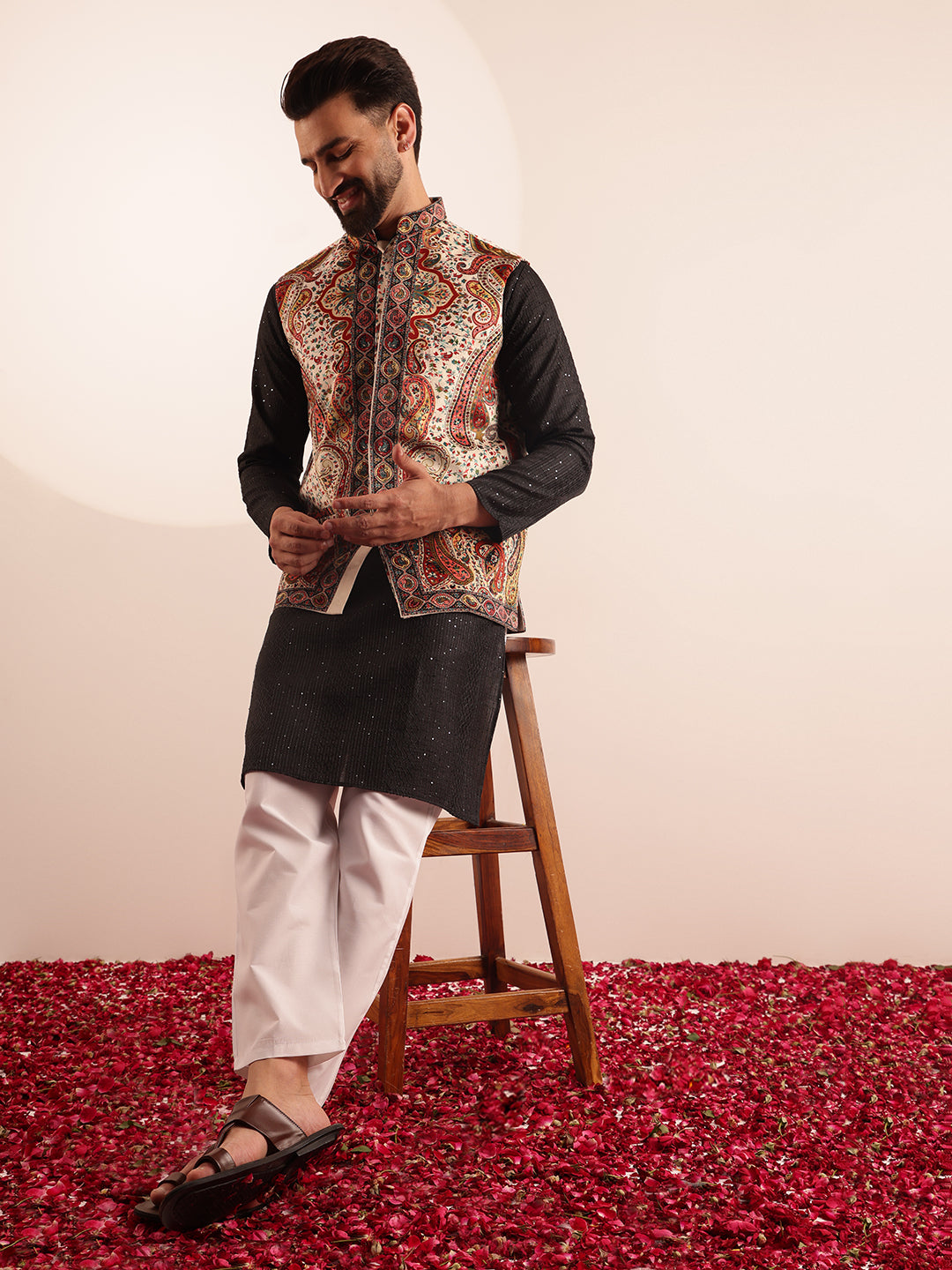 Men's Silk Blend Black Kurta & White Pyjama With Velvet Paisley Design Cream Nehru Jacket