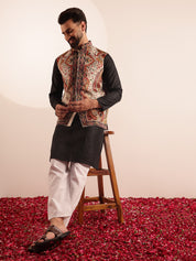 Men's Silk Blend Black Kurta & White Pyjama With Velvet Paisley Design Cream Nehru Jacket