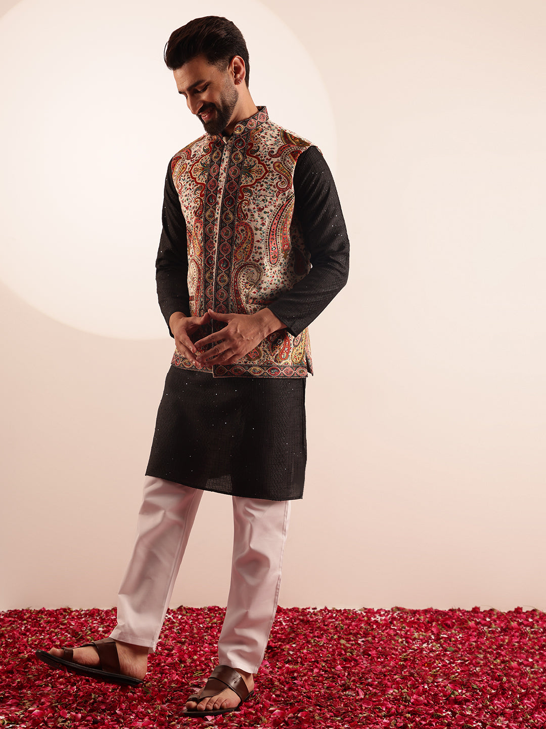Men's Silk Blend Black Kurta & White Pyjama With Velvet Paisley Design Cream Nehru Jacket