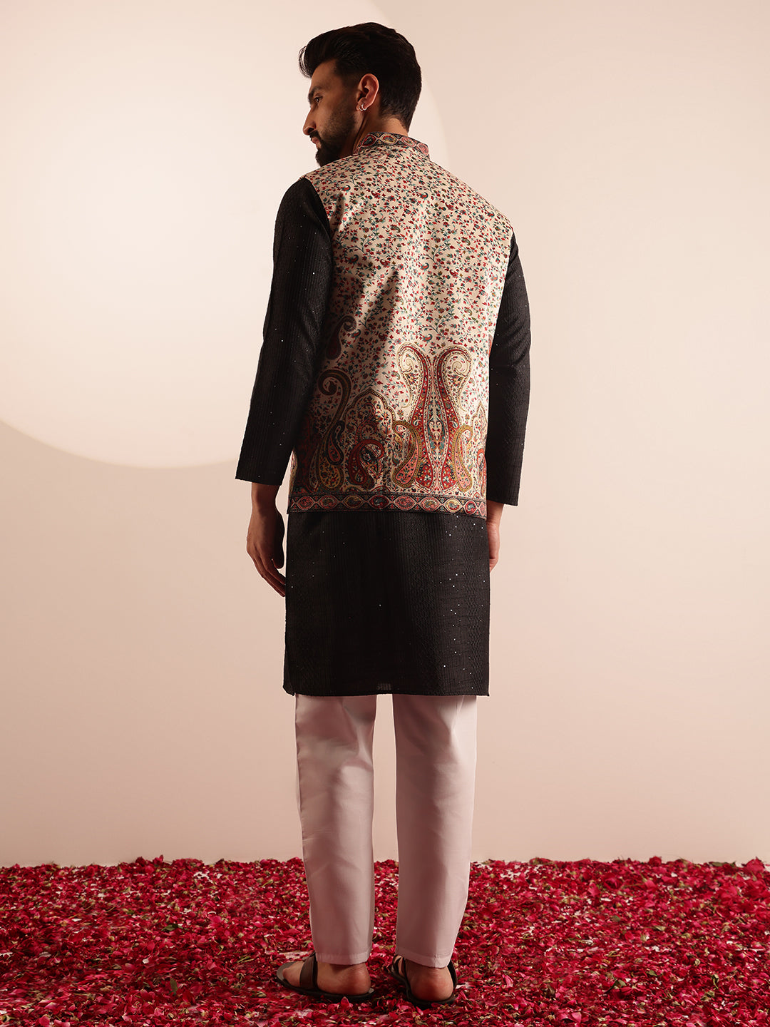 Men's Silk Blend Black Kurta & White Pyjama With Velvet Paisley Design Cream Nehru Jacket