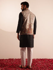 Men's Silk Blend Black Kurta & White Pyjama With Velvet Paisley Design Cream Nehru Jacket
