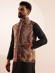 Men's Silk Blend Black Kurta & White Pyjama With Velvet Paisley Design Cream Nehru Jacket