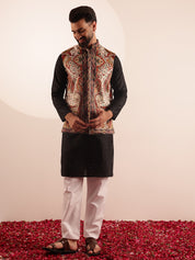 Men's Silk Blend Black Kurta & White Pyjama With Velvet Paisley Design Cream Nehru Jacket