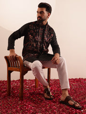 Men's Silk Blend Black Kurta & White Pyjama With Velvet Paisley Design Black Nehru Jacket