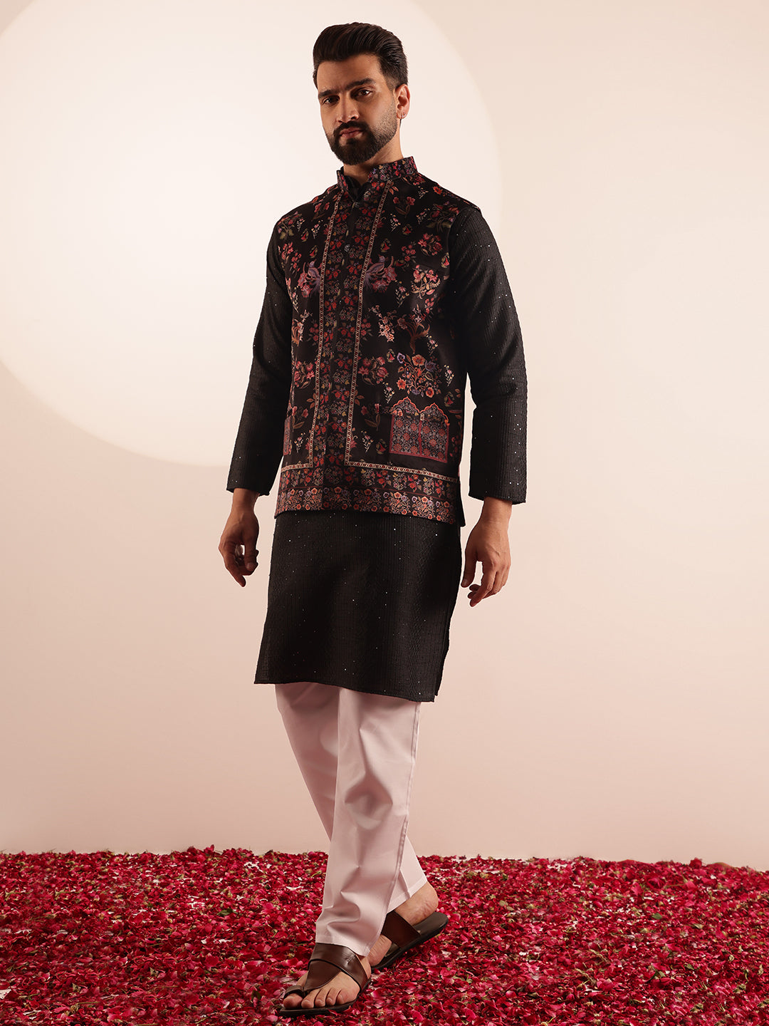 Men's Silk Blend Black Kurta & White Pyjama With Velvet Paisley Design Black Nehru Jacket