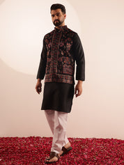 Men's Silk Blend Black Kurta & White Pyjama With Velvet Paisley Design Black Nehru Jacket