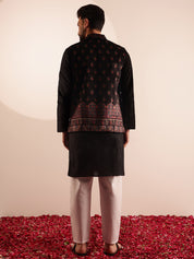 Men's Silk Blend Black Kurta & White Pyjama With Velvet Paisley Design Black Nehru Jacket