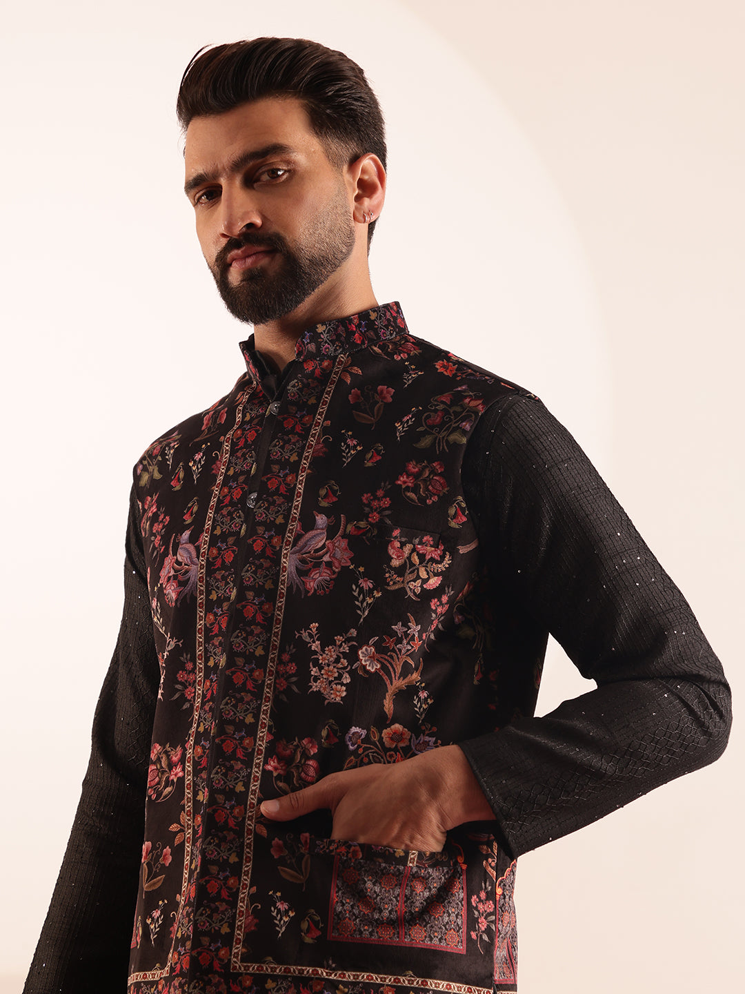 Men's Silk Blend Black Kurta & White Pyjama With Velvet Paisley Design Black Nehru Jacket