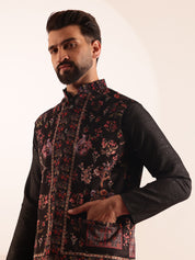 Men's Silk Blend Black Kurta & White Pyjama With Velvet Paisley Design Black Nehru Jacket