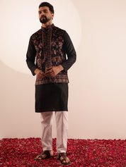Men's Silk Blend Black Kurta & White Pyjama With Velvet Paisley Design Black Nehru Jacket