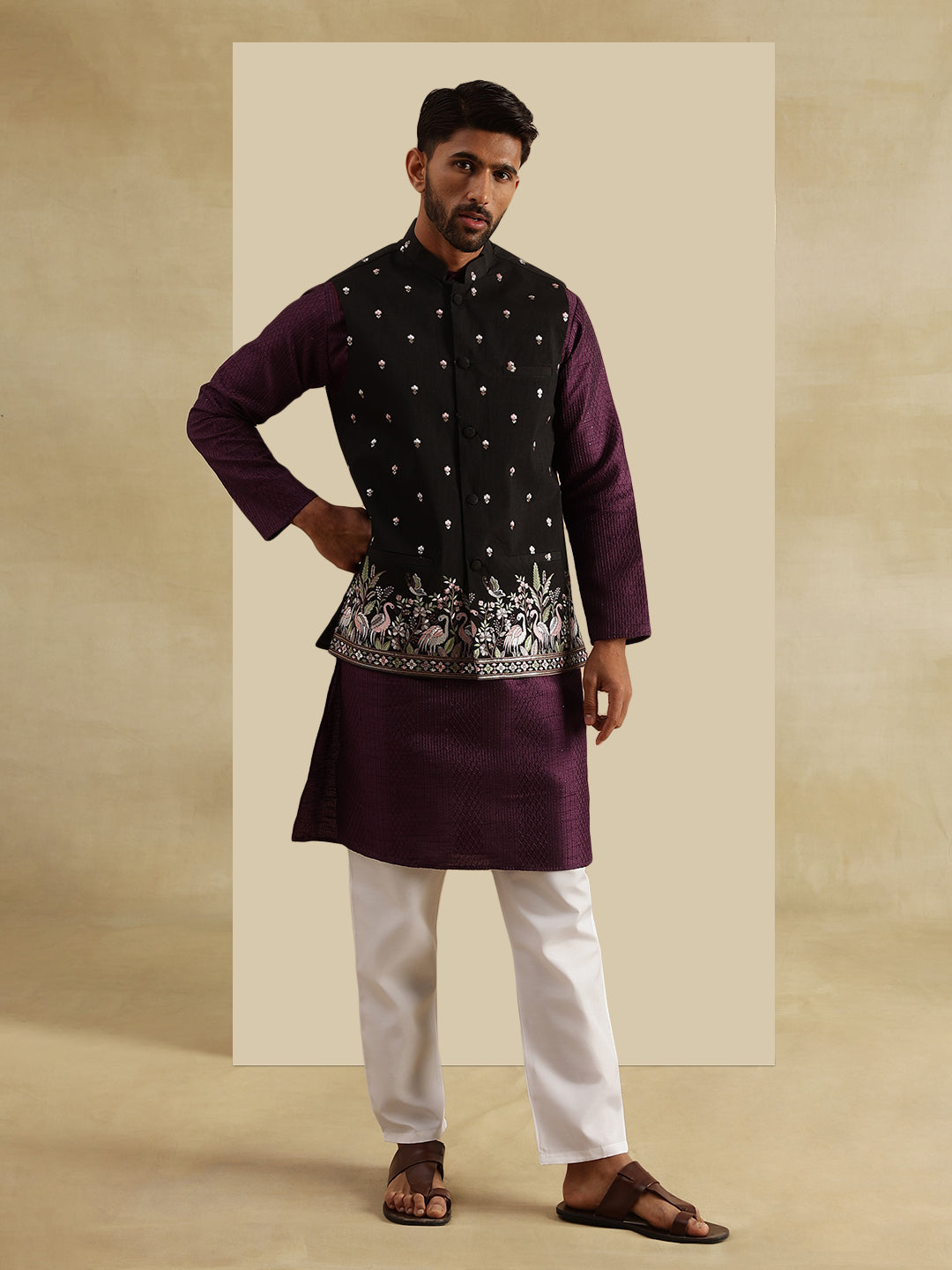 Men's Silk Blend Violet Kurta and White Pyjama With Daman Embroidered Black Nehru Jacket
