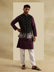 Men's Silk Blend Violet Kurta and White Pyjama With Daman Embroidered Black Nehru Jacket