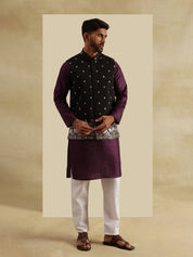 Men's Silk Blend Violet Kurta and White Pyjama With Daman Embroidered Black Nehru Jacket
