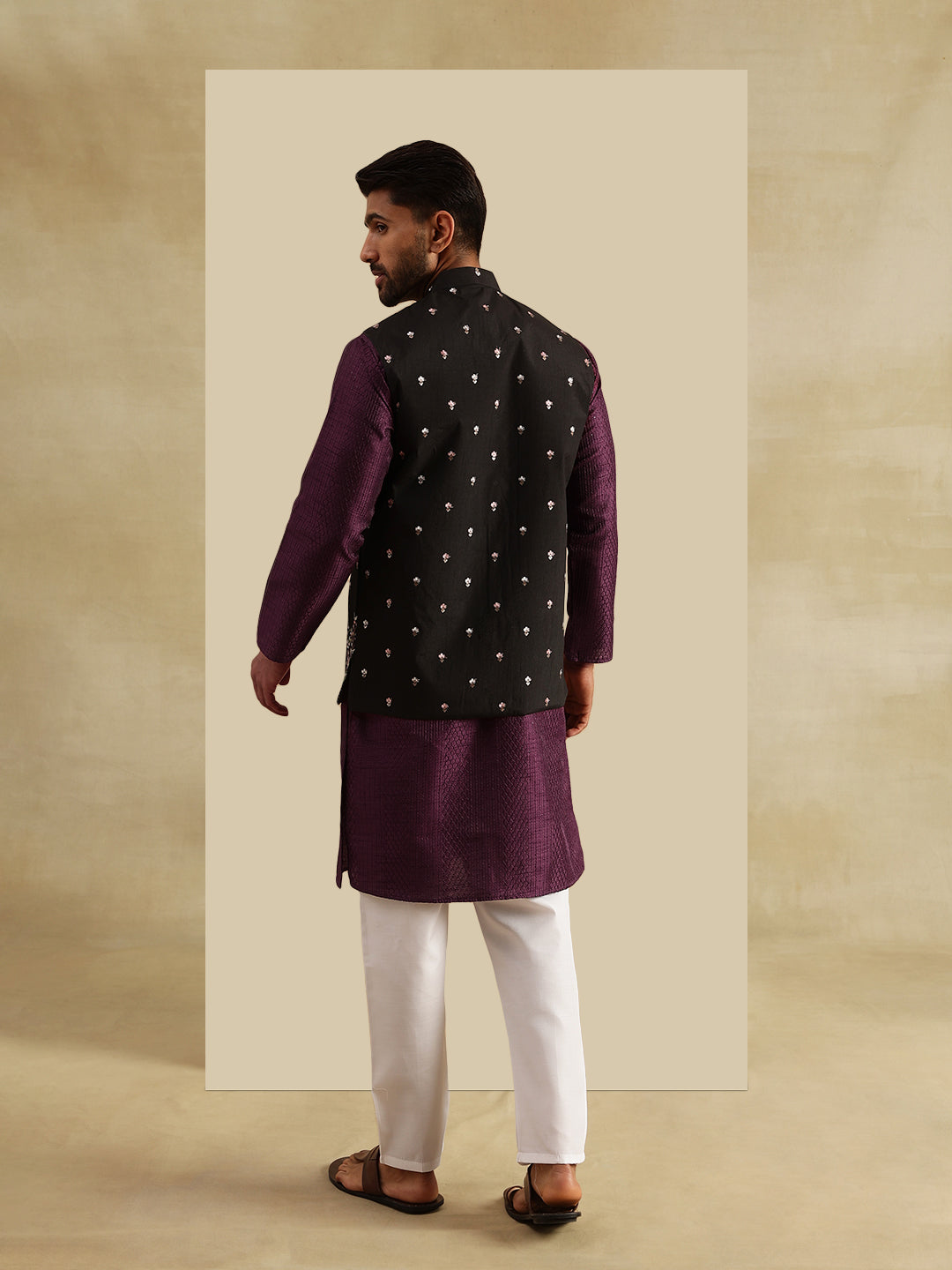 Men's Silk Blend Violet Kurta and White Pyjama With Daman Embroidered Black Nehru Jacket