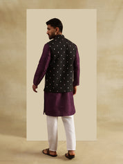 Men's Silk Blend Violet Kurta and White Pyjama With Daman Embroidered Black Nehru Jacket