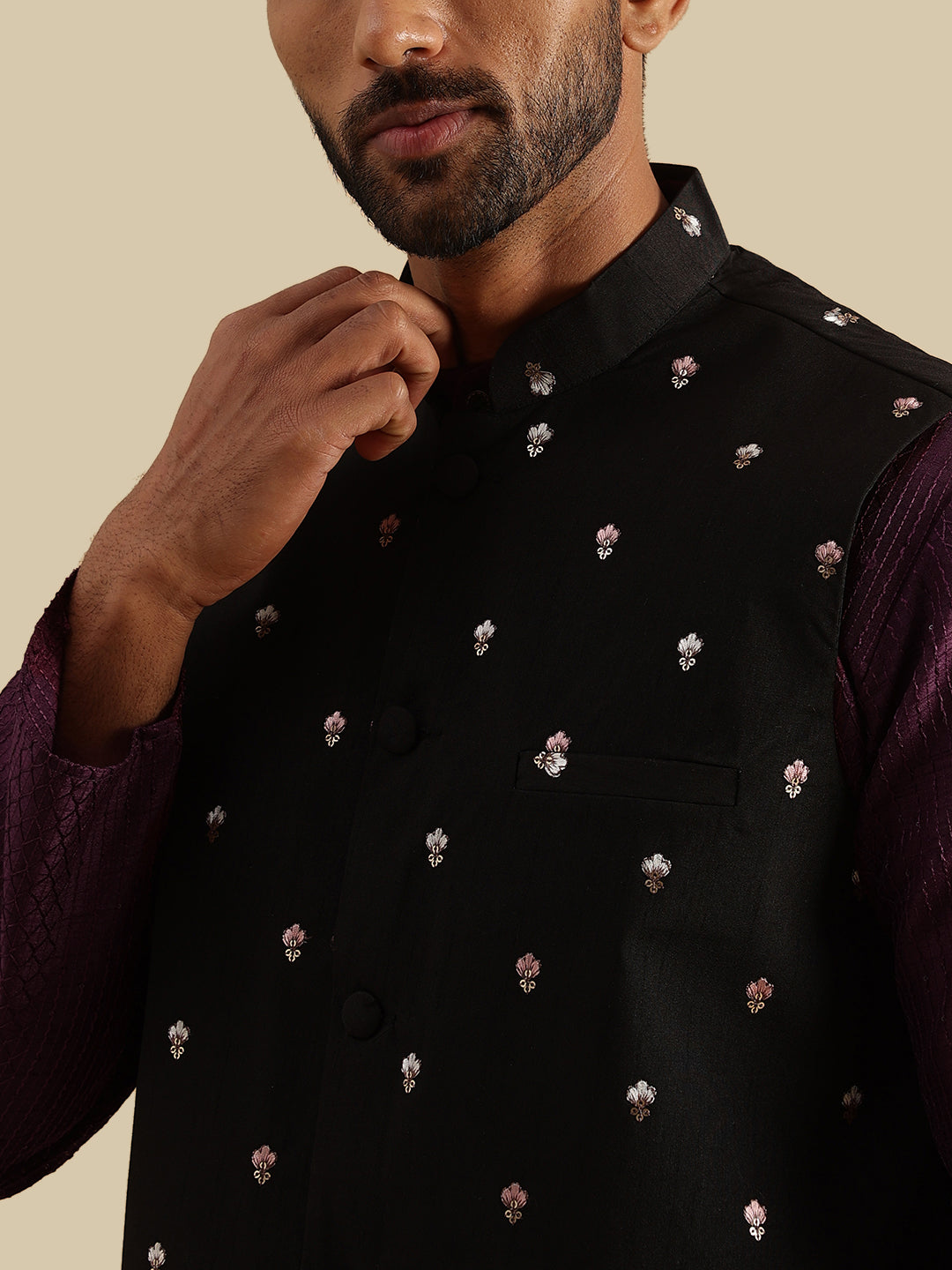 Men's Silk Blend Violet Kurta and White Pyjama With Daman Embroidered Black Nehru Jacket