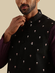 Men's Silk Blend Violet Kurta and White Pyjama With Daman Embroidered Black Nehru Jacket