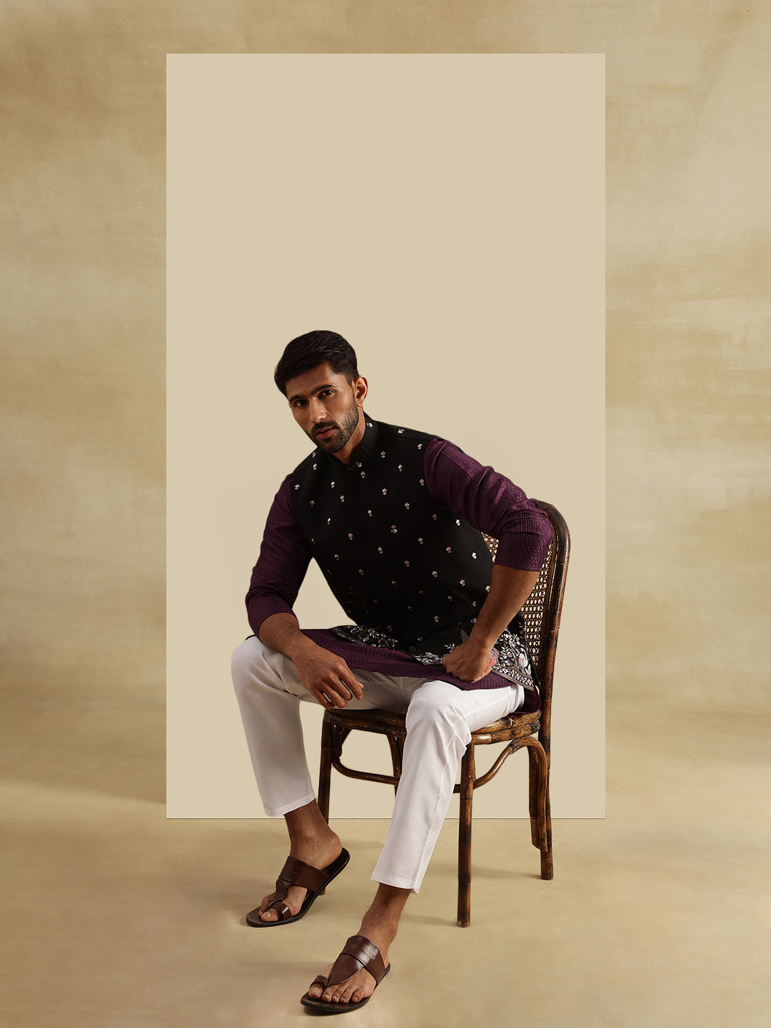 Men's Silk Blend Violet Kurta and White Pyjama With Daman Embroidered Black Nehru Jacket