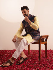 Men's Silk Blend Yellow Kurta & White Pyjama With Velvet Paisley Design Navy Nehru Jacket