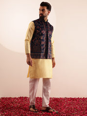 Men's Silk Blend Yellow Kurta & White Pyjama With Velvet Paisley Design Navy Nehru Jacket