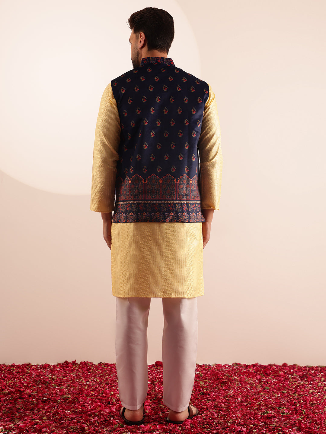 Men's Silk Blend Yellow Kurta & White Pyjama With Velvet Paisley Design Navy Nehru Jacket