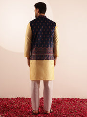 Men's Silk Blend Yellow Kurta & White Pyjama With Velvet Paisley Design Navy Nehru Jacket