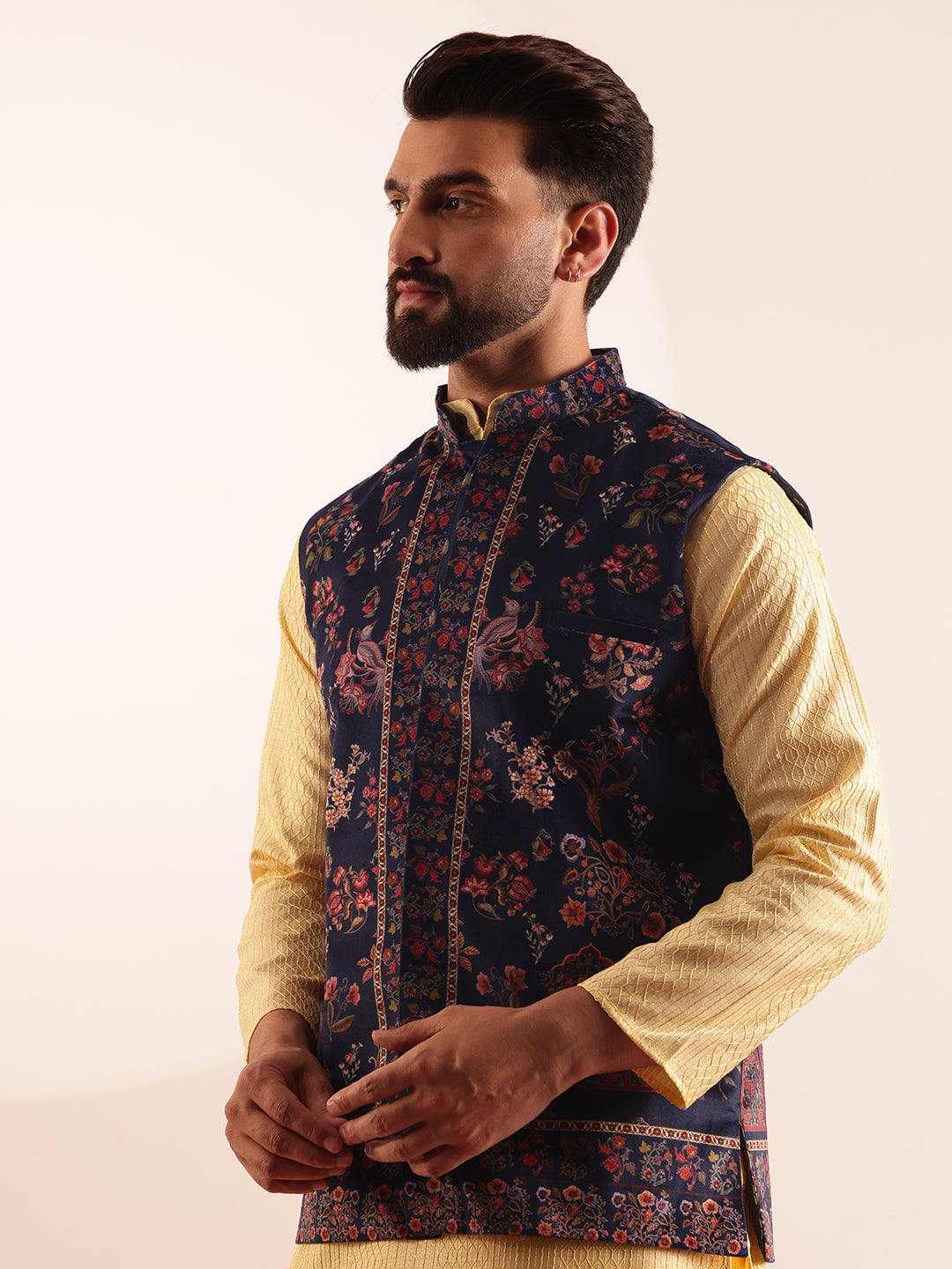 Men's Silk Blend Yellow Kurta & White Pyjama With Velvet Paisley Design Navy Nehru Jacket