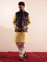 Men's Silk Blend Yellow Kurta & White Pyjama With Velvet Paisley Design Navy Nehru Jacket