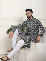 Men's Cotton White Embroidered Black Kurta and White Pyjama With Black Nehru Jacket