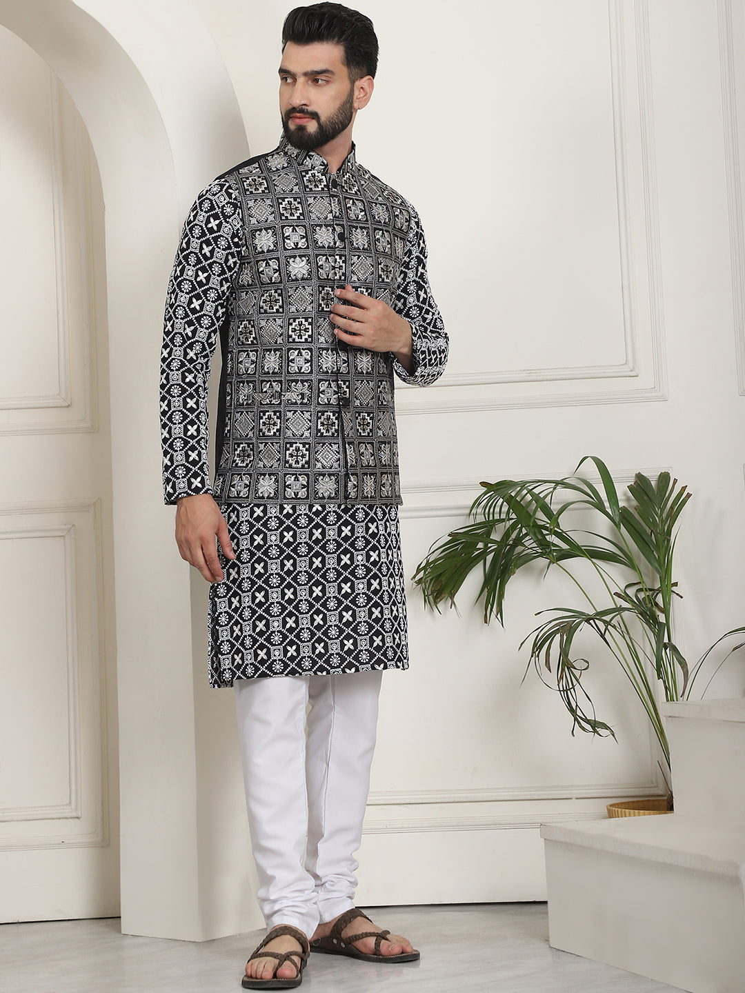 Men's Cotton White Embroidered Black Kurta and White Pyjama With Black Nehru Jacket