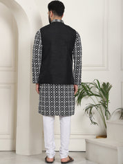 Men's Cotton White Embroidered Black Kurta and White Pyjama With Black Nehru Jacket