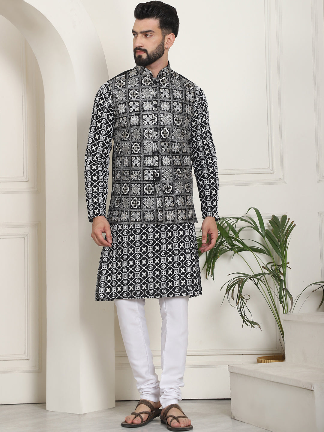 Men's Cotton White Embroidered Black Kurta and White Pyjama With Black Nehru Jacket