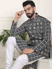 Men's Cotton White Embroidered Black Kurta and White Pyjama With Black Nehru Jacket