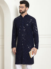 Men's Cotton Embroidered Sequinned Navy Blue Long Kurta