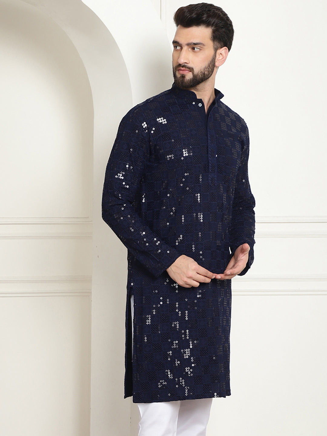 Men's Cotton Embroidered Sequinned Navy Blue Long Kurta