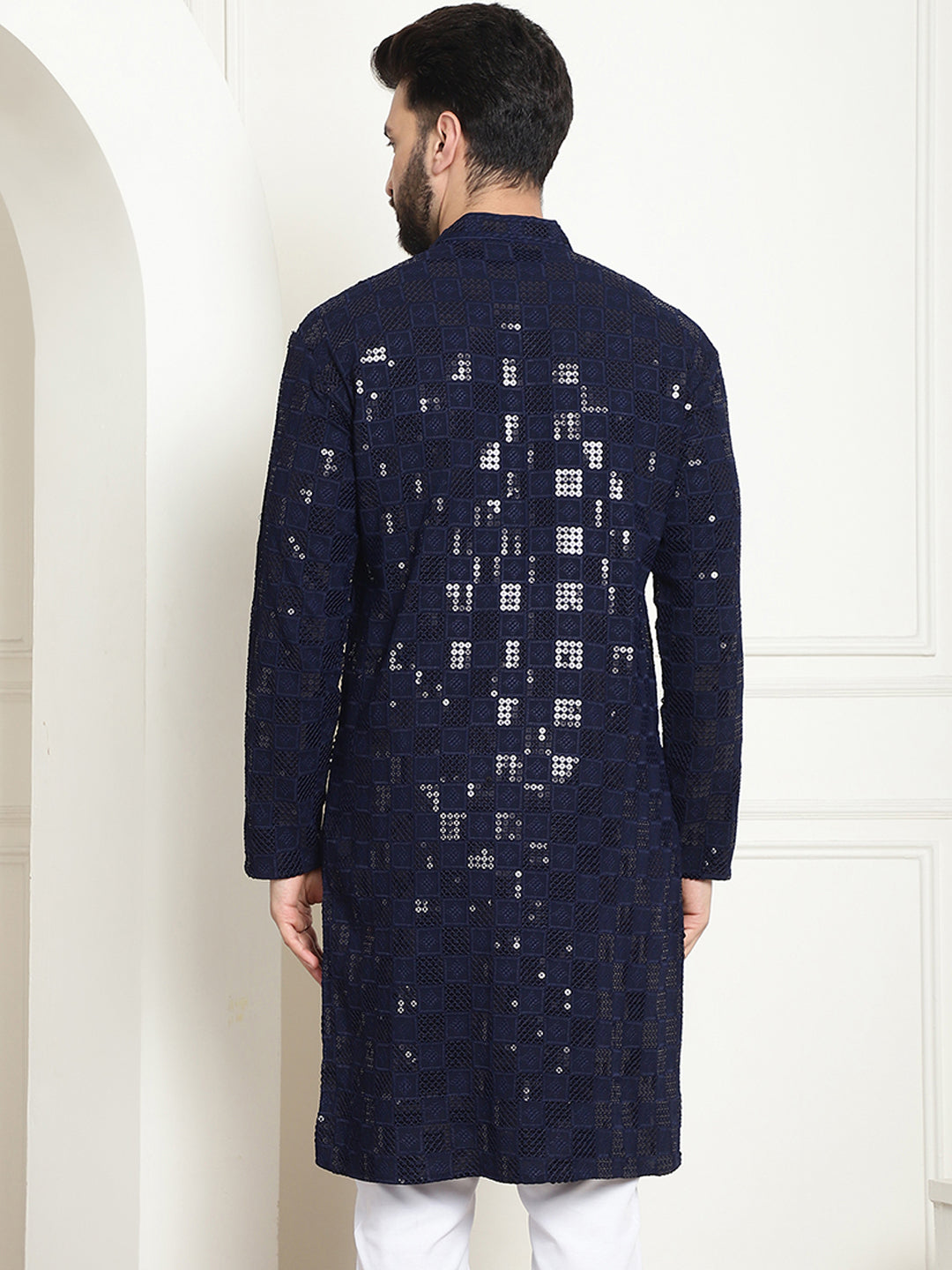 Men's Cotton Embroidered Sequinned Navy Blue Long Kurta