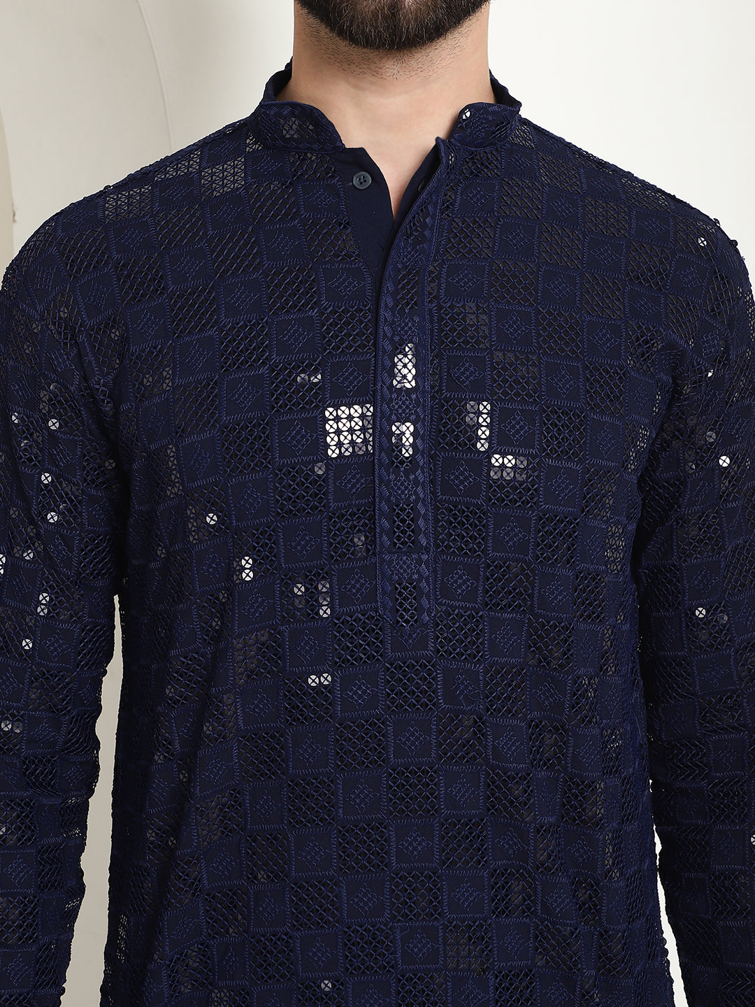 Men's Cotton Embroidered Sequinned Navy Blue Long Kurta