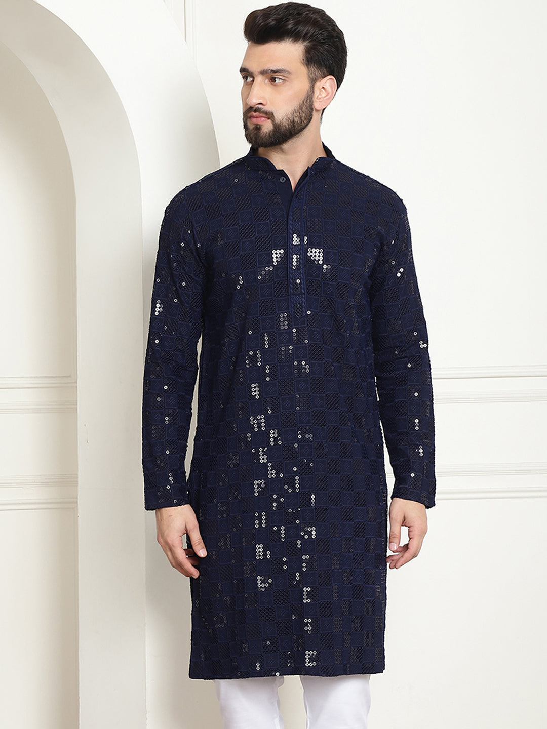 Men's Cotton Embroidered Sequinned Navy Blue Long Kurta