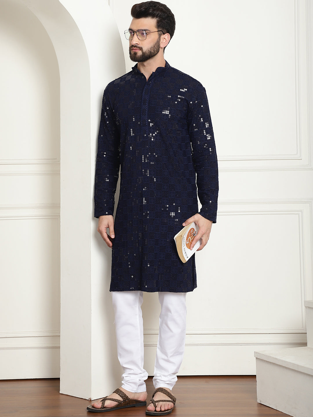 Men's Cotton Embroidered Sequinned NavyBlue Kurta With white churidar Pyjama