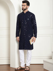 Men's Cotton Embroidered Sequinned NavyBlue Kurta With white churidar Pyjama