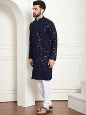 Men's Cotton Embroidered Sequinned NavyBlue Kurta With white churidar Pyjama