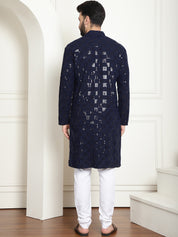 Men's Cotton Embroidered Sequinned NavyBlue Kurta With white churidar Pyjama