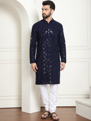 Men's Cotton Embroidered Sequinned NavyBlue Kurta With white churidar Pyjama