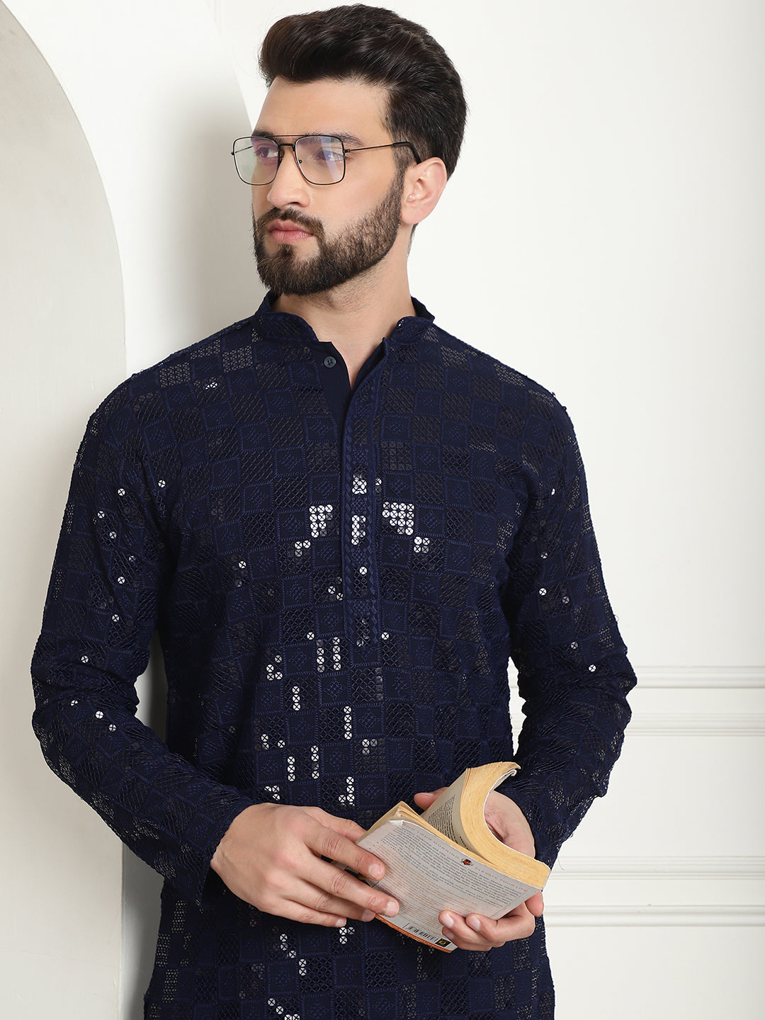 Men's Cotton Embroidered Sequinned NavyBlue Kurta With white churidar Pyjama