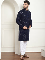 Men's Cotton Embroidered Sequinned NavyBlue Kurta With white churidar Pyjama